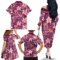 Pink Hawaii Plumeria With Tropical Flowers Motifs Family Matching Off The Shoulder Long Sleeve Dress and Hawaiian Shirt