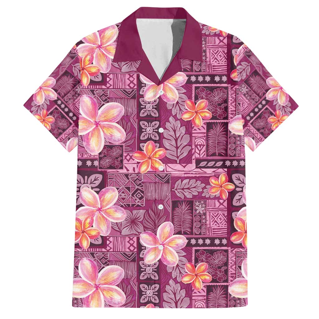 Pink Hawaii Plumeria With Tropical Flowers Motifs Family Matching Off Shoulder Short Dress and Hawaiian Shirt LT14 Dad's Shirt - Short Sleeve Pink - Polynesian Pride