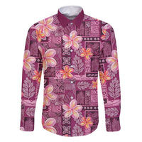 Pink Hawaii Plumeria With Tropical Flowers Motifs Family Matching Off Shoulder Short Dress and Hawaiian Shirt LT14 Dad's Shirt - Long Sleeve Pink - Polynesian Pride