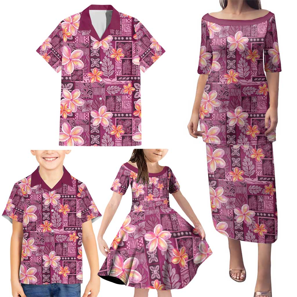 Pink Hawaii Plumeria With Tropical Flowers Motifs Family Matching Puletasi and Hawaiian Shirt