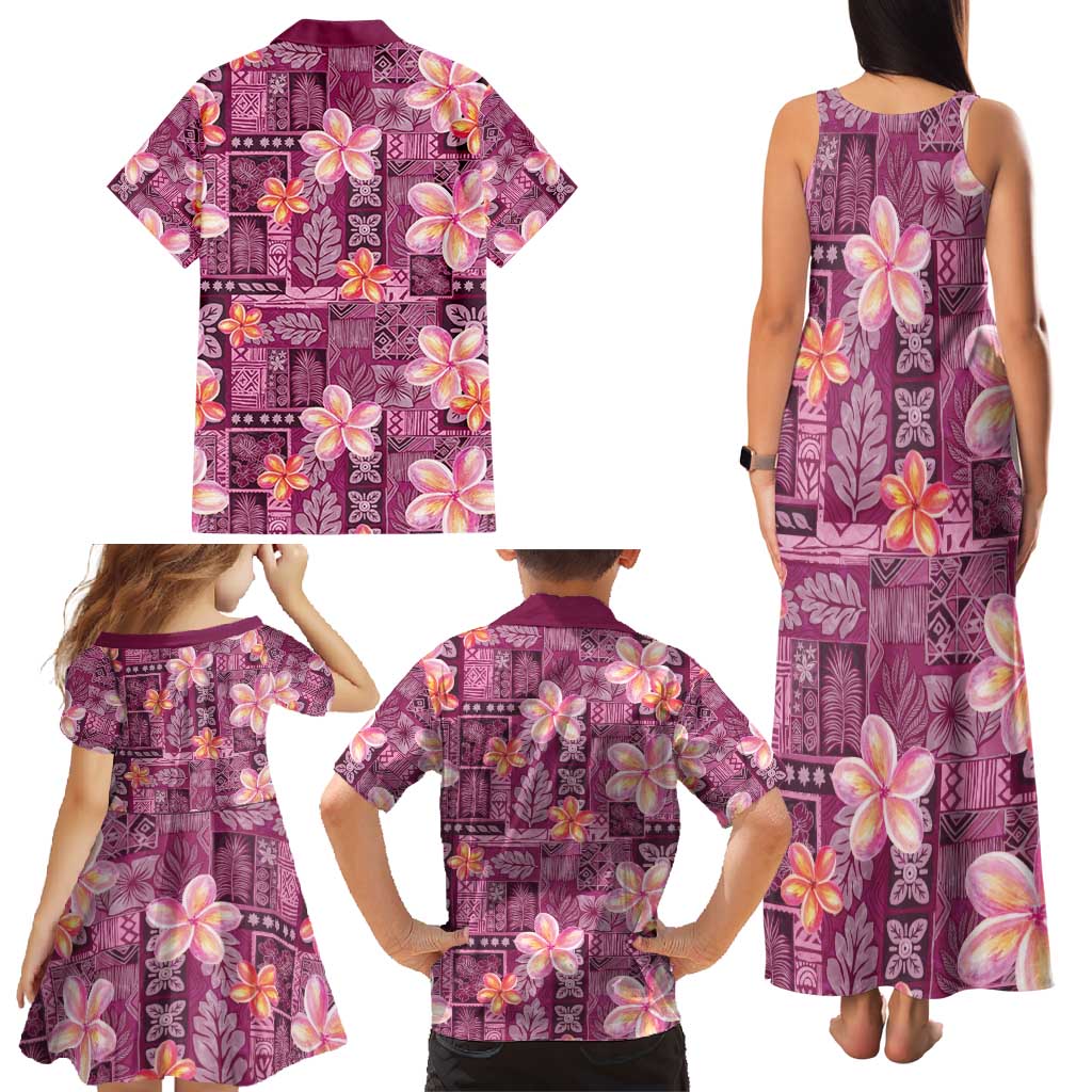 Pink Hawaii Plumeria With Tropical Flowers Motifs Family Matching Tank Maxi Dress and Hawaiian Shirt