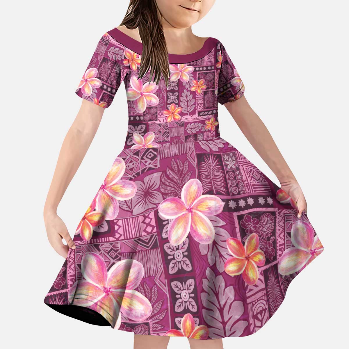 Pink Hawaii Plumeria With Tropical Flowers Motifs Kid Short Sleeve Dress