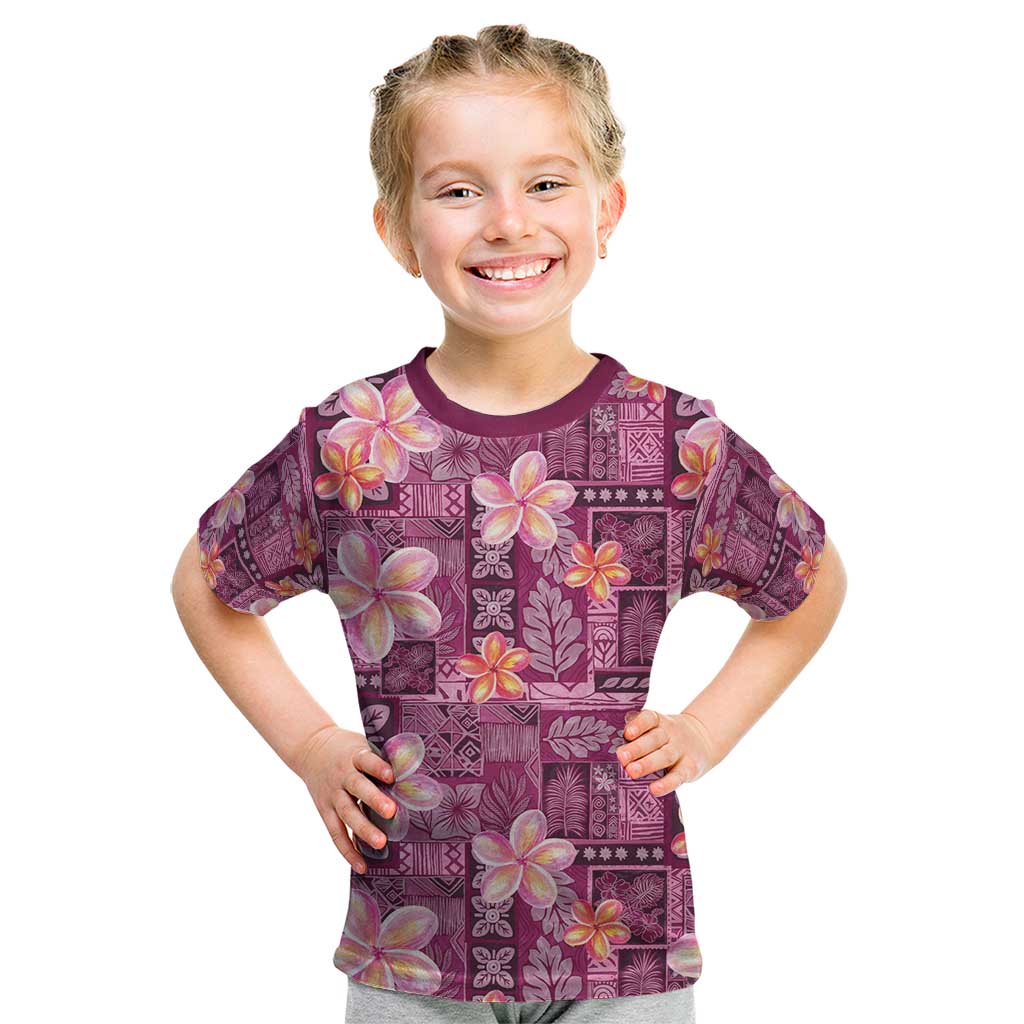 Pink Hawaii Plumeria With Tropical Flowers Motifs Kid T Shirt