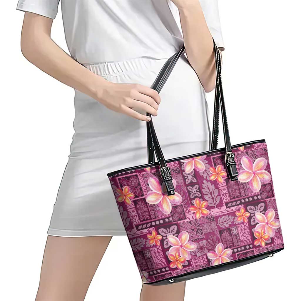 Pink Hawaii Plumeria With Tropical Flowers Motifs Leather Tote Bag