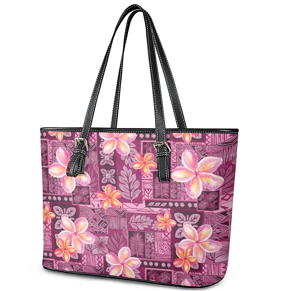 Pink Hawaii Plumeria With Tropical Flowers Motifs Leather Tote Bag