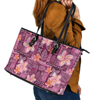 Pink Hawaii Plumeria With Tropical Flowers Motifs Leather Tote Bag