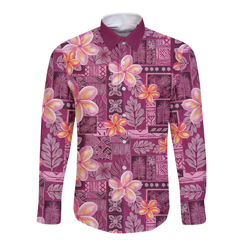 Pink Hawaii Plumeria With Tropical Flowers Motifs Long Sleeve Button Shirt