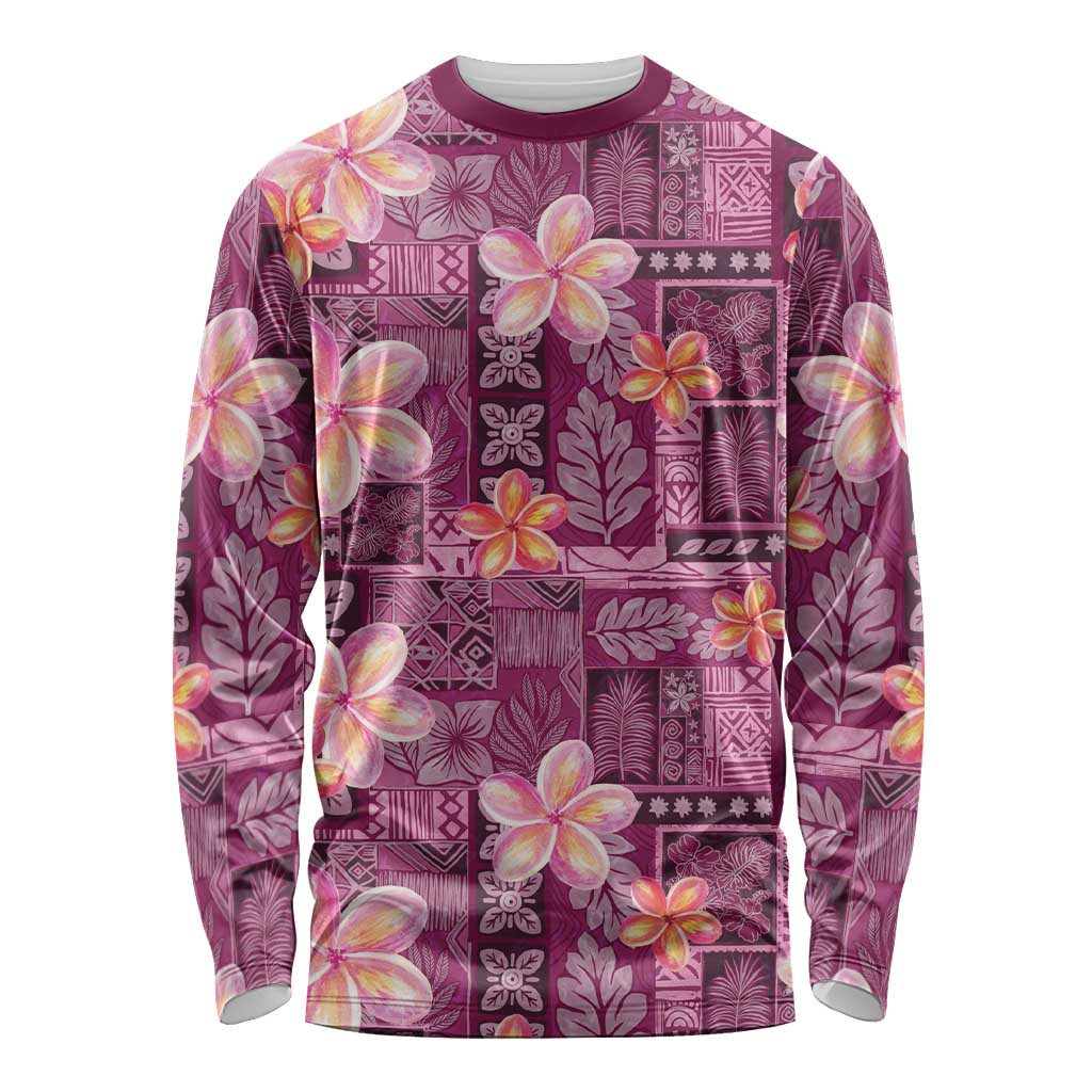 Pink Hawaii Plumeria With Tropical Flowers Motifs Long Sleeve Shirt