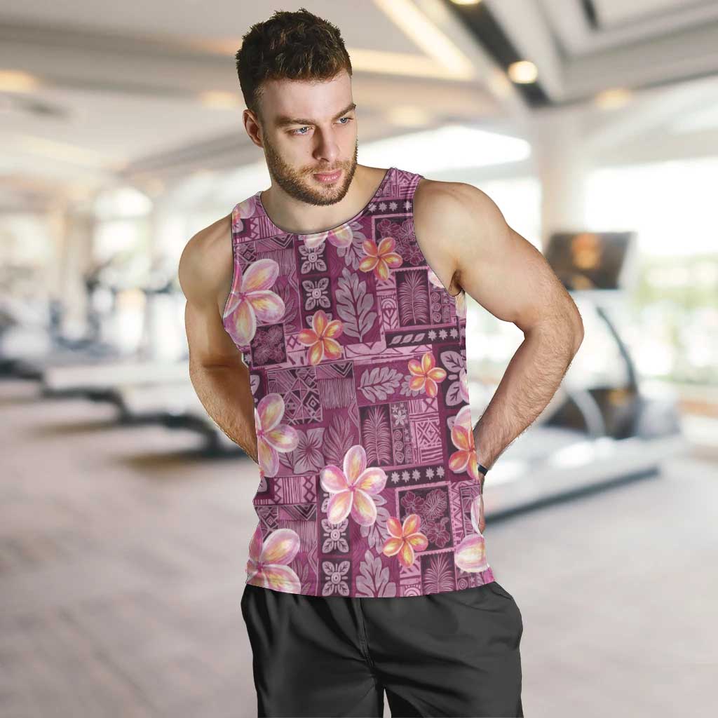 Pink Hawaii Plumeria With Tropical Flowers Motifs Men Tank Top