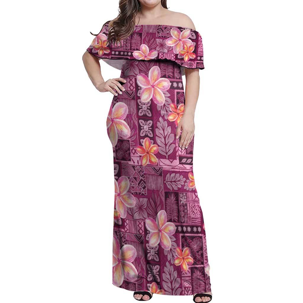 Pink Hawaii Plumeria With Tropical Flowers Motifs Off Shoulder Maxi Dress