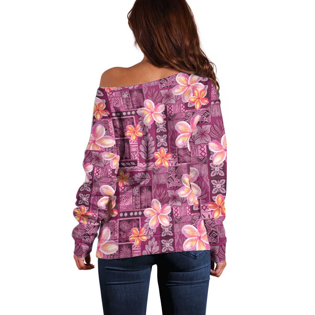 Pink Hawaii Plumeria With Tropical Flowers Motifs Off Shoulder Sweater