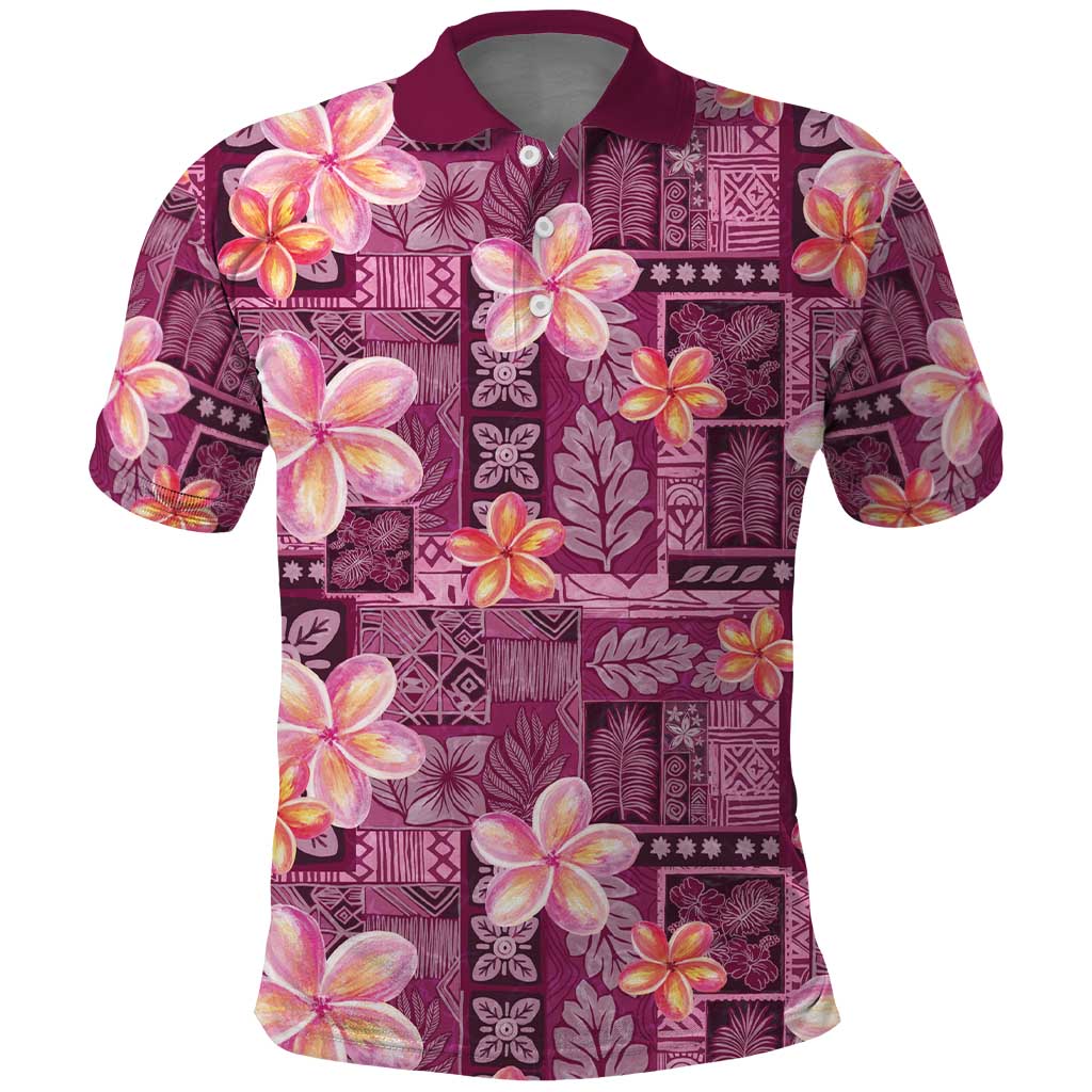 Pink Hawaii Plumeria With Tropical Flowers Motifs Polo Shirt