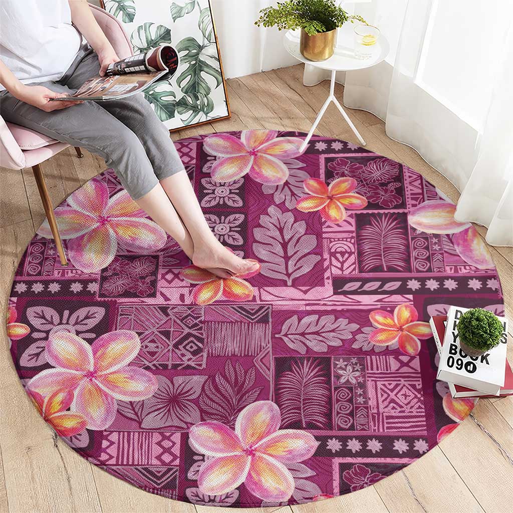 Pink Hawaii Plumeria With Tropical Flowers Motifs Round Carpet