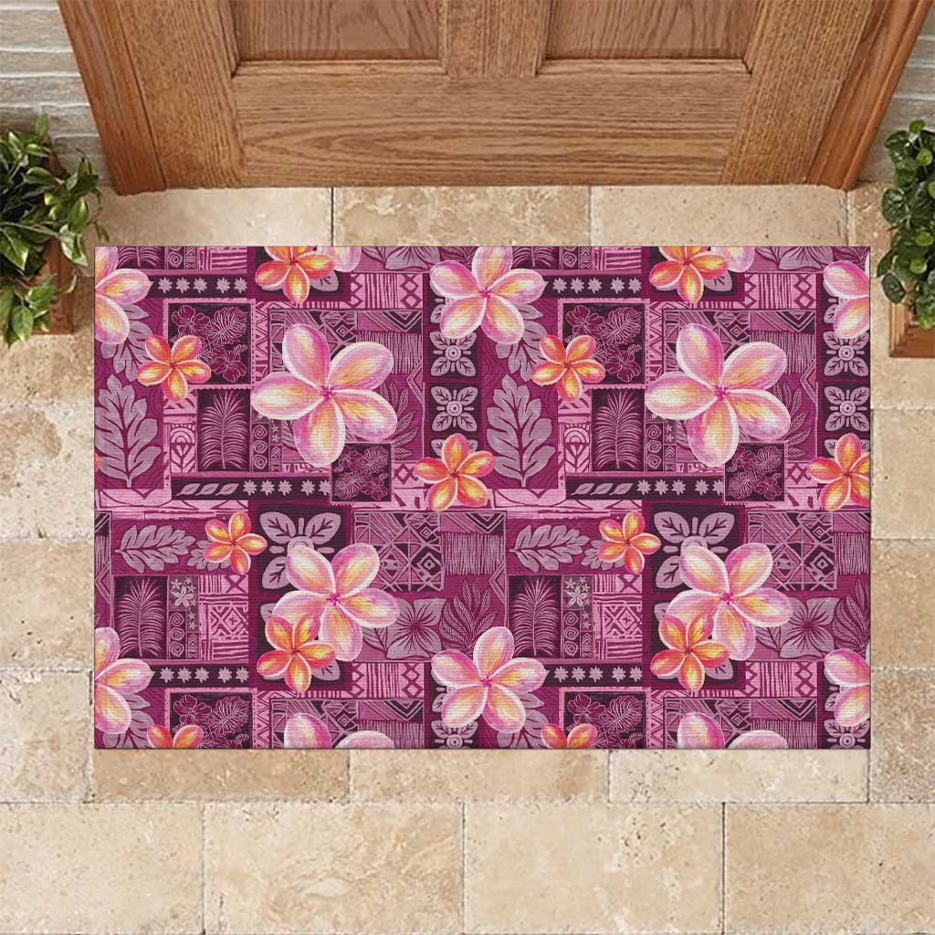 Pink Hawaii Plumeria With Tropical Flowers Motifs Rubber Doormat