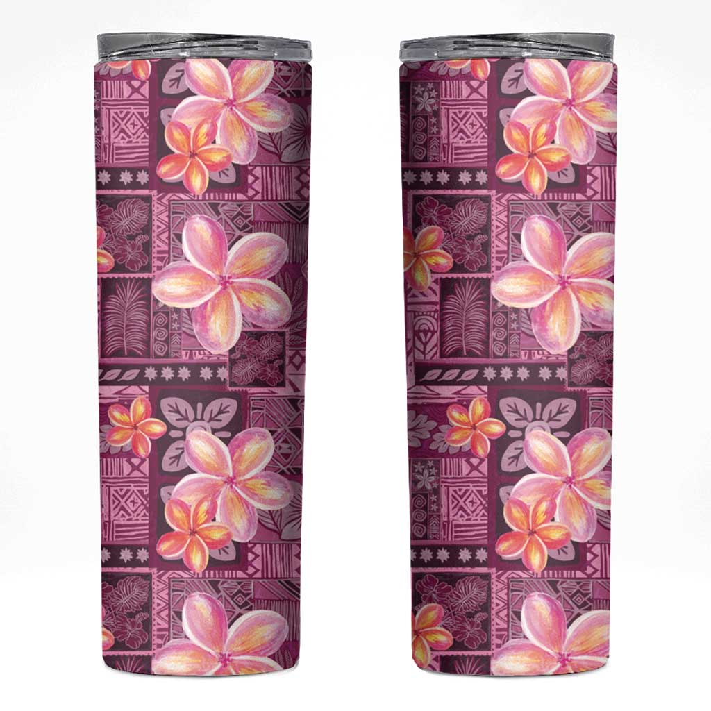 Pink Hawaii Plumeria With Tropical Flowers Motifs Skinny Tumbler