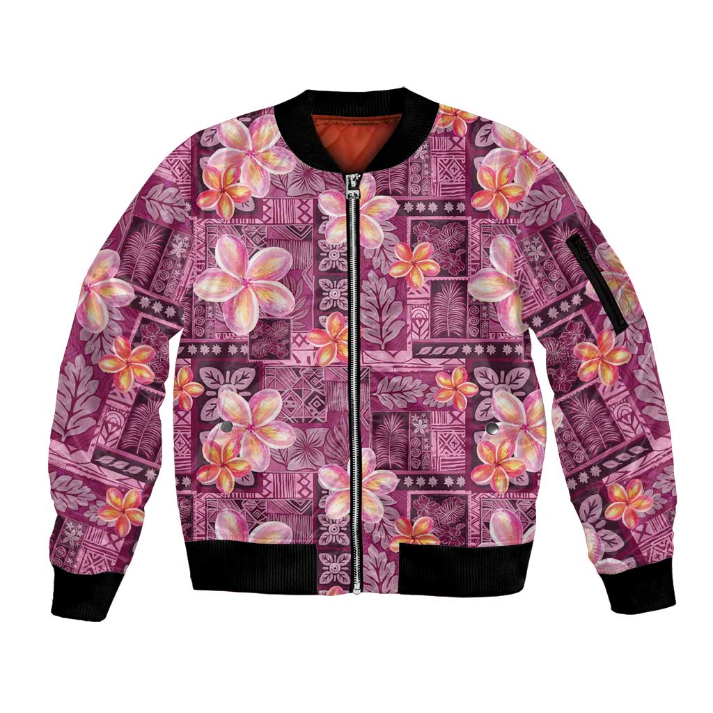 Pink Hawaii Plumeria With Tropical Flowers Motifs Sleeve Zip Bomber Jacket LT14 Unisex Pink - Polynesian Pride