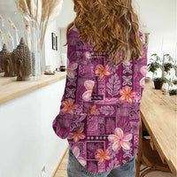 Pink Hawaii Plumeria With Tropical Flowers Motifs Women Casual Shirt