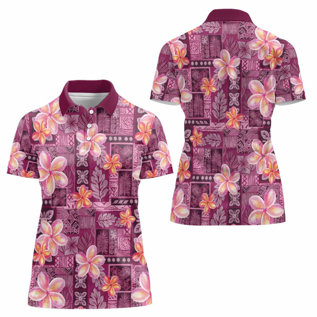 Pink Hawaii Plumeria With Tropical Flowers Motifs Women Polo Shirt