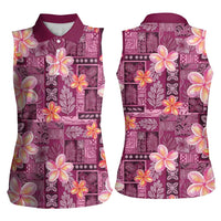 Pink Hawaii Plumeria With Tropical Flowers Motifs Women Sleeveless Polo Shirt