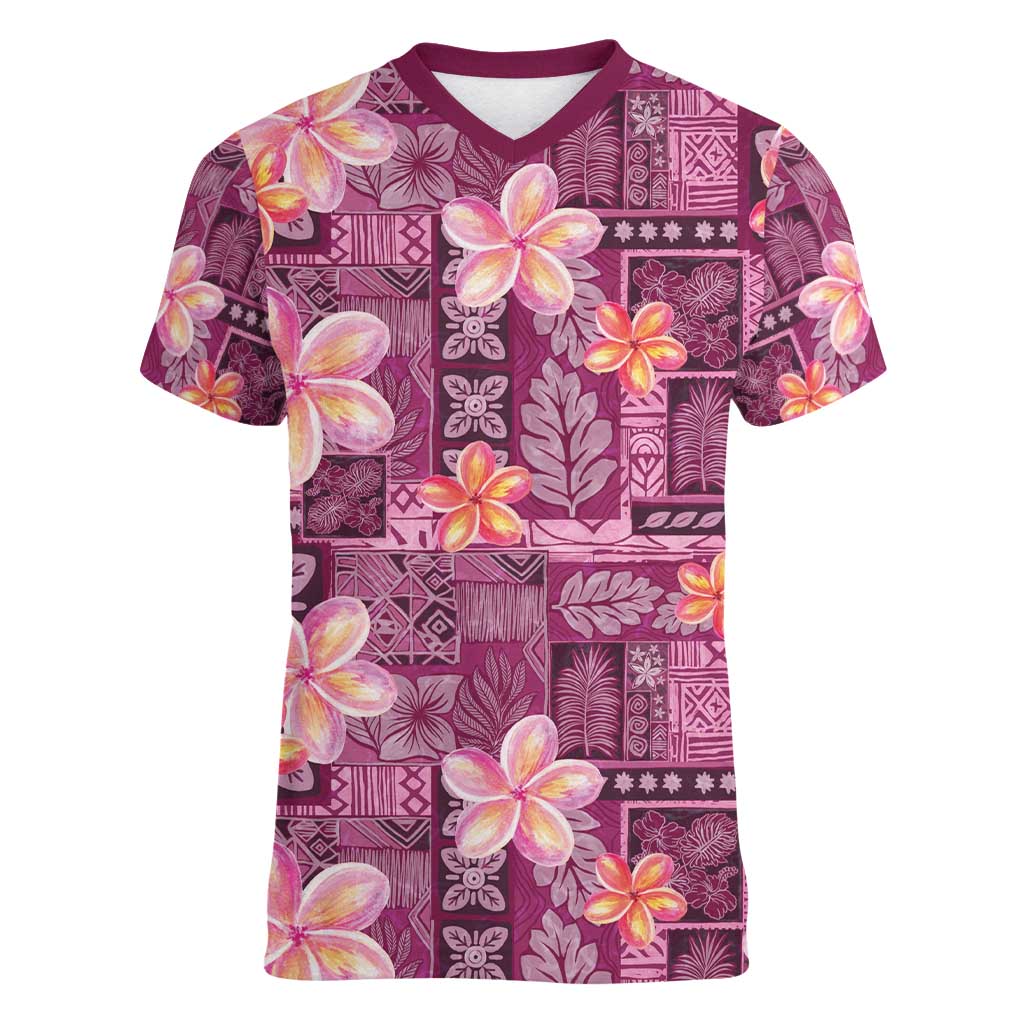 Pink Hawaii Plumeria With Tropical Flowers Motifs Women V-Neck T-Shirt