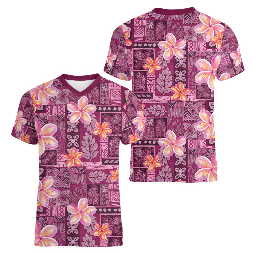 Pink Hawaii Plumeria With Tropical Flowers Motifs Women V-Neck T-Shirt