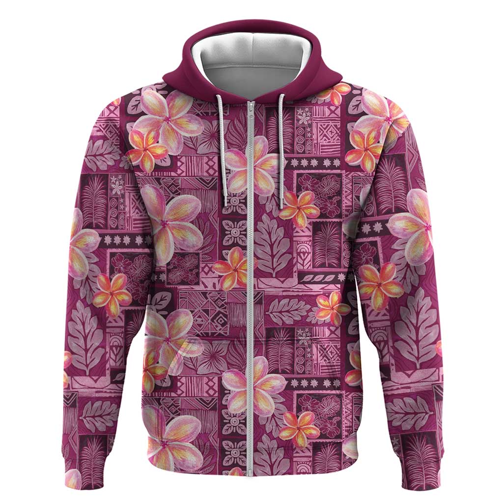 Pink Hawaii Plumeria With Tropical Flowers Motifs Zip Hoodie