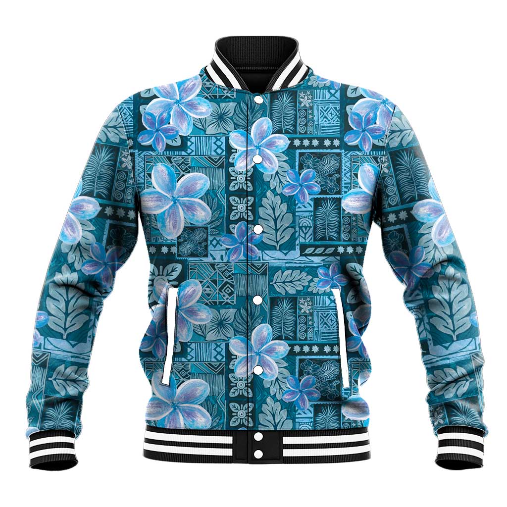 Cyan Hawaii Plumeria With Tropical Flowers Motifs Baseball Jacket