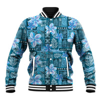 Cyan Hawaii Plumeria With Tropical Flowers Motifs Baseball Jacket