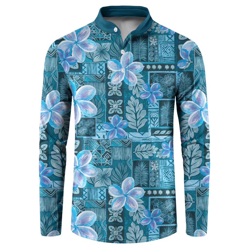 Cyan Hawaii Plumeria With Tropical Flowers Motifs Button Sweatshirt