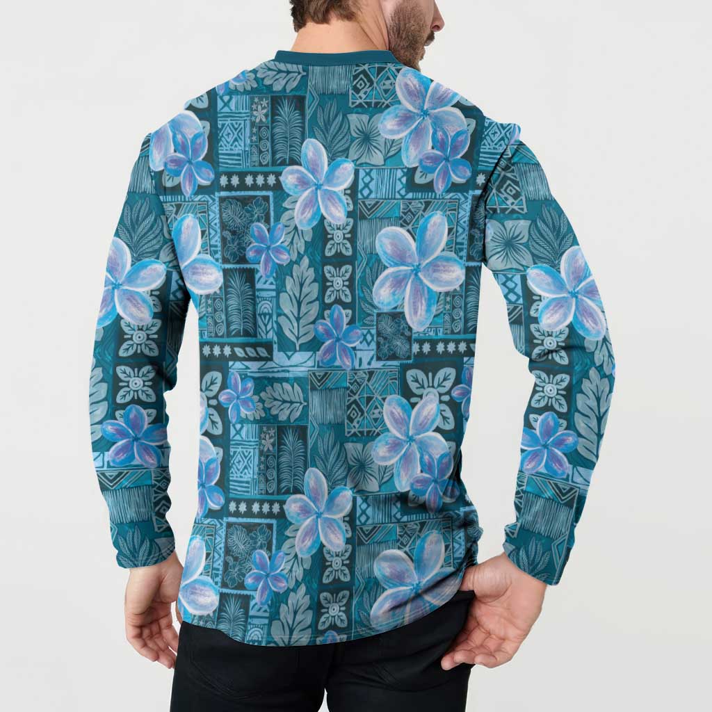 Cyan Hawaii Plumeria With Tropical Flowers Motifs Button Sweatshirt