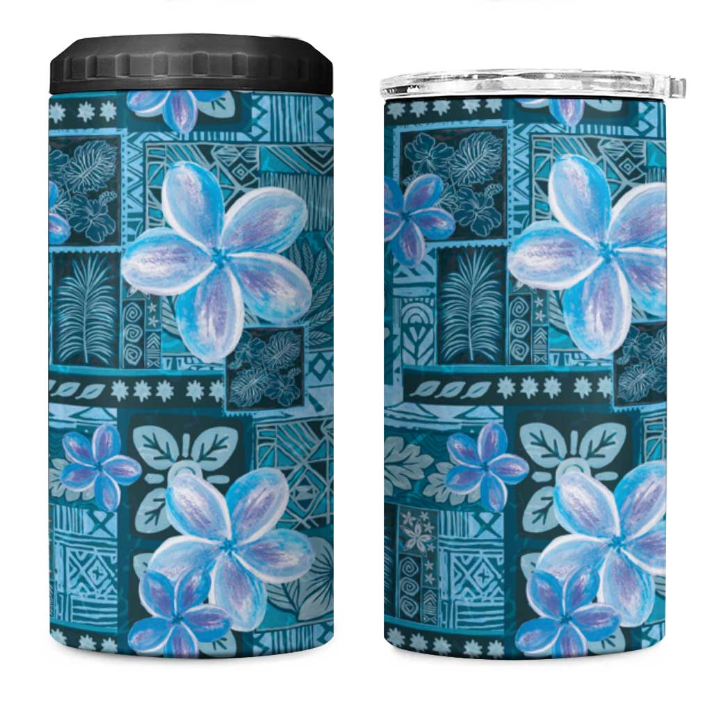 Cyan Hawaii Plumeria With Tropical Flowers Motifs 4 in 1 Can Cooler Tumbler