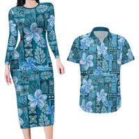 Cyan Hawaii Plumeria With Tropical Flowers Motifs Couples Matching Long Sleeve Bodycon Dress and Hawaiian Shirt
