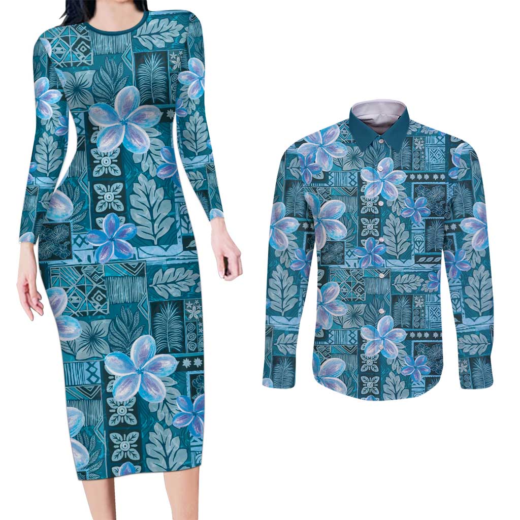 Cyan Hawaii Plumeria With Tropical Flowers Motifs Couples Matching Long Sleeve Bodycon Dress and Long Sleeve Button Shirt