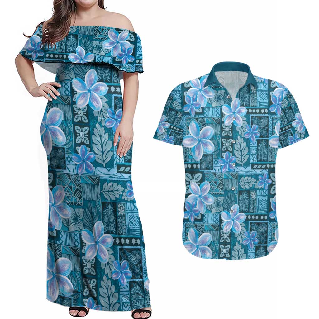 Cyan Hawaii Plumeria With Tropical Flowers Motifs Couples Matching Off Shoulder Maxi Dress and Hawaiian Shirt