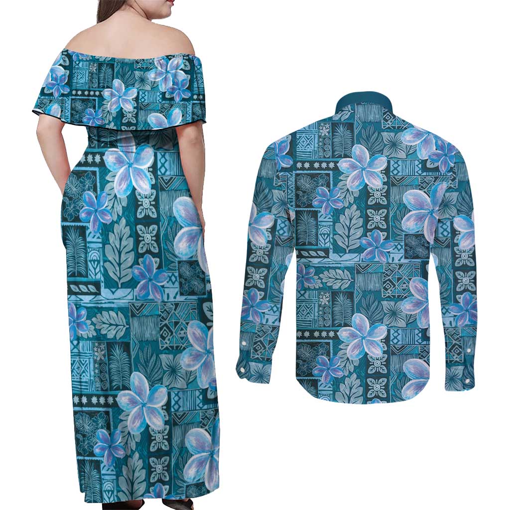 Cyan Hawaii Plumeria With Tropical Flowers Motifs Couples Matching Off Shoulder Maxi Dress and Long Sleeve Button Shirt