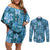 Cyan Hawaii Plumeria With Tropical Flowers Motifs Couples Matching Off Shoulder Short Dress and Long Sleeve Button Shirt