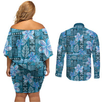 Cyan Hawaii Plumeria With Tropical Flowers Motifs Couples Matching Off Shoulder Short Dress and Long Sleeve Button Shirt