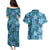 Cyan Hawaii Plumeria With Tropical Flowers Motifs Couples Matching Puletasi and Hawaiian Shirt