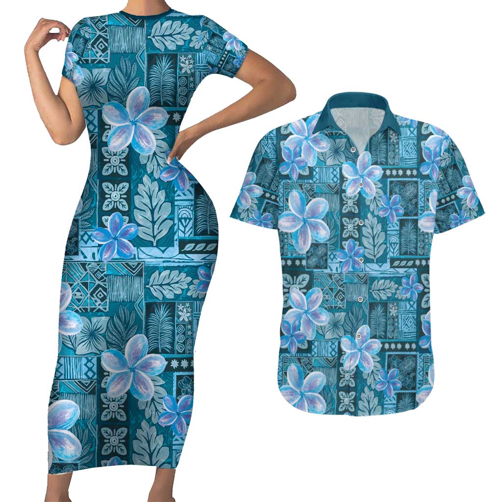 Cyan Hawaii Plumeria With Tropical Flowers Motifs Couples Matching Short Sleeve Bodycon Dress and Hawaiian Shirt