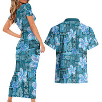 Cyan Hawaii Plumeria With Tropical Flowers Motifs Couples Matching Short Sleeve Bodycon Dress and Hawaiian Shirt