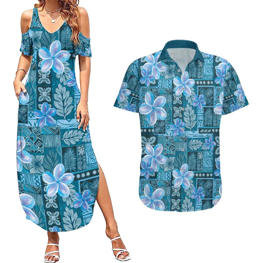 Cyan Hawaii Plumeria With Tropical Flowers Motifs Couples Matching Summer Maxi Dress and Hawaiian Shirt