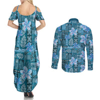 Cyan Hawaii Plumeria With Tropical Flowers Motifs Couples Matching Summer Maxi Dress and Long Sleeve Button Shirt