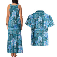 Cyan Hawaii Plumeria With Tropical Flowers Motifs Couples Matching Tank Maxi Dress and Hawaiian Shirt
