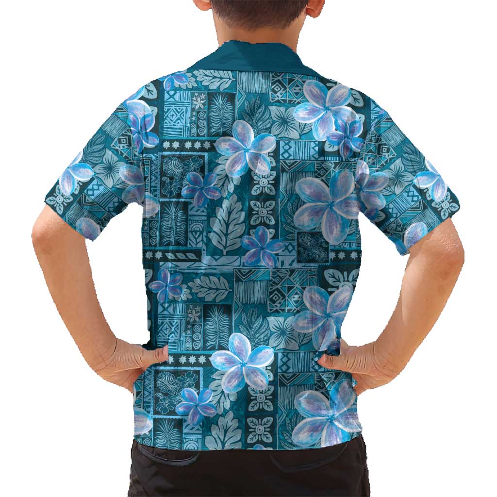 Cyan Hawaii Plumeria With Tropical Flowers Motifs Family Matching Long Sleeve Bodycon Dress and Hawaiian Shirt