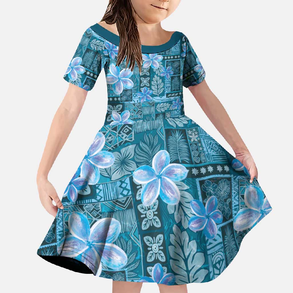 Cyan Hawaii Plumeria With Tropical Flowers Motifs Family Matching Long Sleeve Bodycon Dress and Hawaiian Shirt