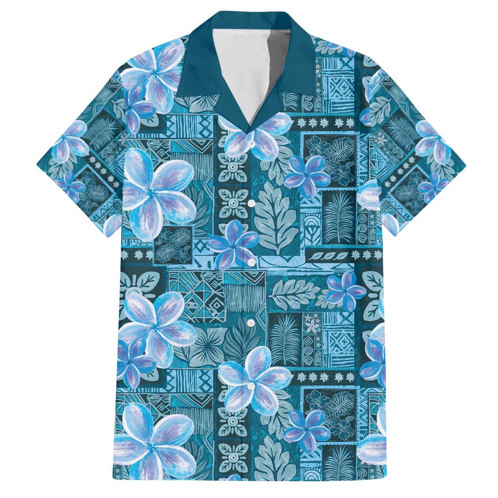 Cyan Hawaii Plumeria With Tropical Flowers Motifs Family Matching Long Sleeve Bodycon Dress and Hawaiian Shirt