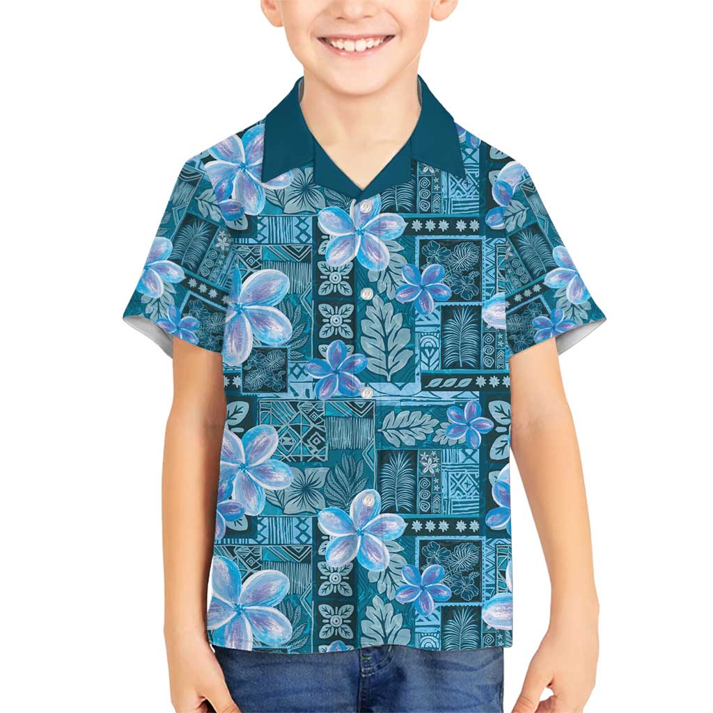 Cyan Hawaii Plumeria With Tropical Flowers Motifs Family Matching Long Sleeve Bodycon Dress and Hawaiian Shirt