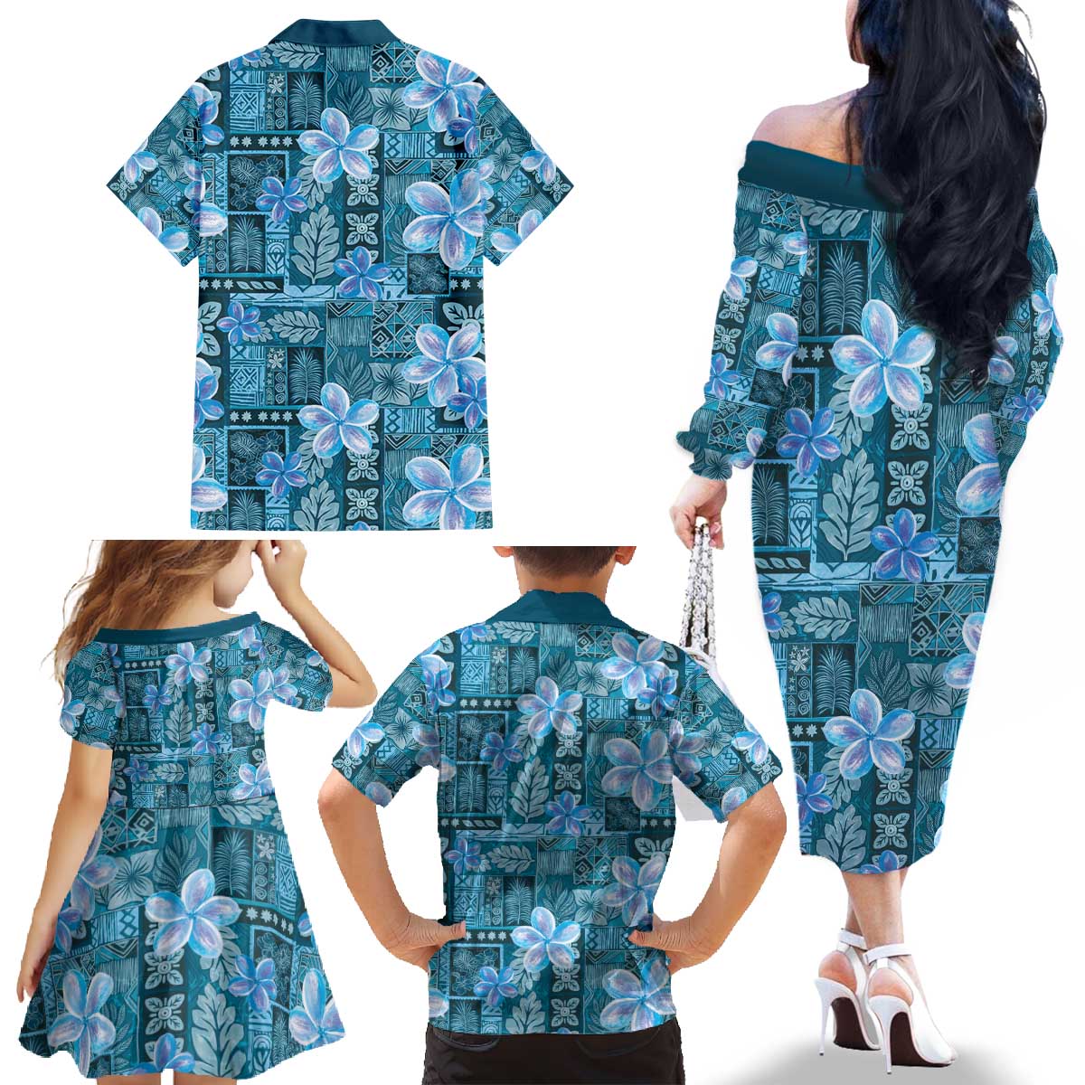 Cyan Hawaii Plumeria With Tropical Flowers Motifs Family Matching Off The Shoulder Long Sleeve Dress and Hawaiian Shirt
