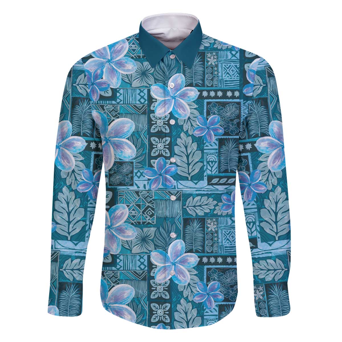 Cyan Hawaii Plumeria With Tropical Flowers Motifs Family Matching Off The Shoulder Long Sleeve Dress and Hawaiian Shirt