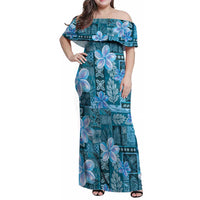 Cyan Hawaii Plumeria With Tropical Flowers Motifs Family Matching Off Shoulder Maxi Dress and Hawaiian Shirt